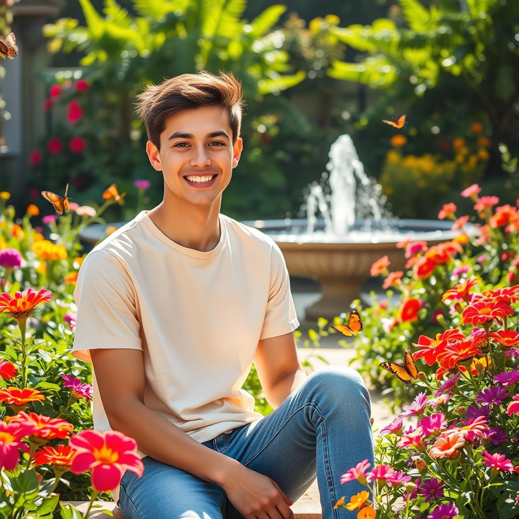 A young man sitting in a beautiful garden, surrounded by vibrant flowers and lush greenery