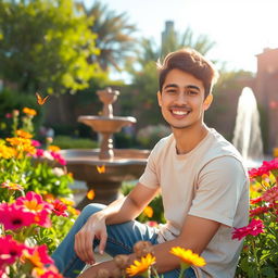A young man sitting in a beautiful garden, surrounded by vibrant flowers and lush greenery