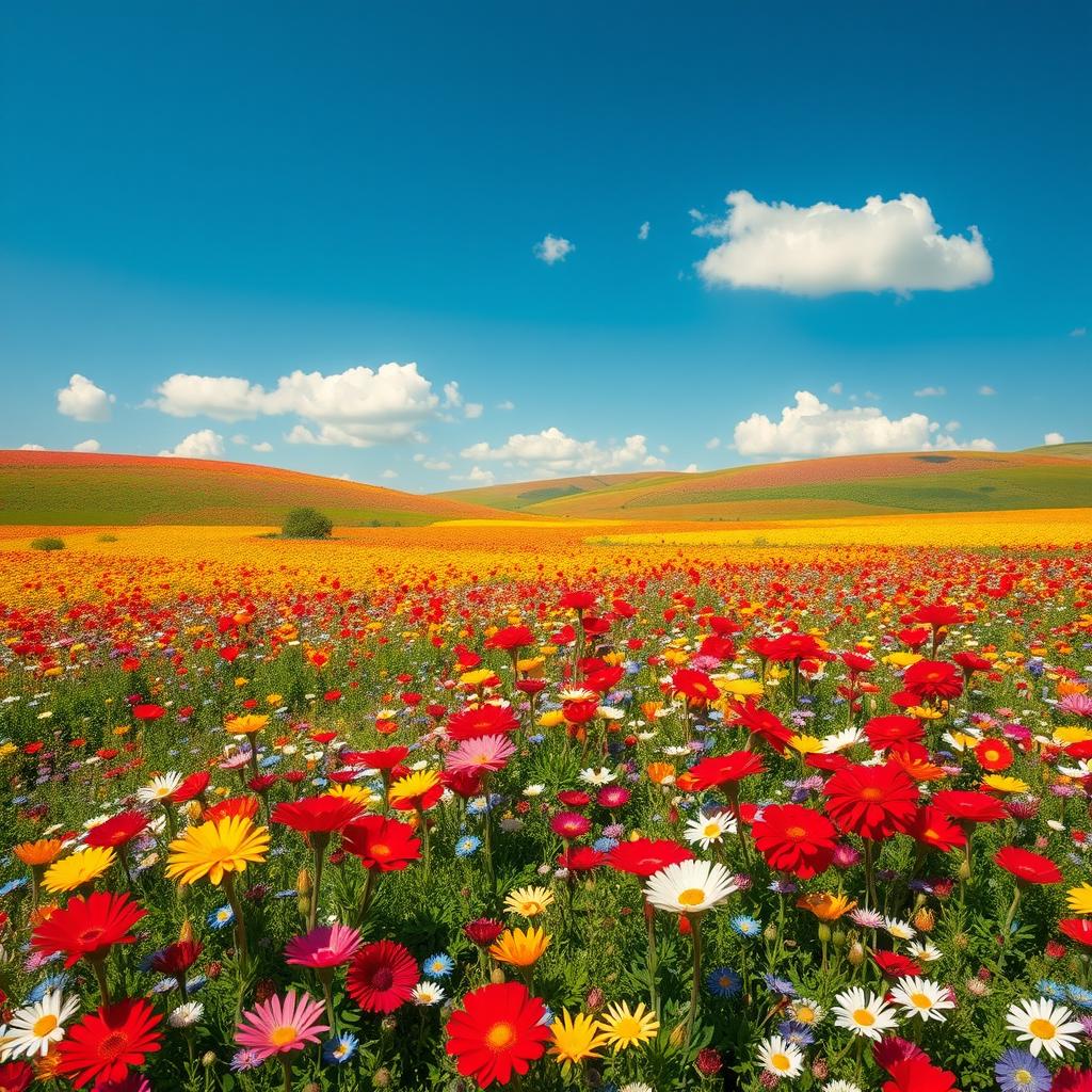 A beautiful landscape of Earth covered in colorful flowers blooming vibrantly across the ground