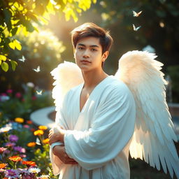 A young man with angelic wings in a serene garden, surrounded by colorful flowers and lush greenery