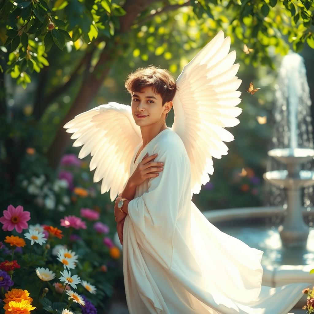A young man with angelic wings in a serene garden, surrounded by colorful flowers and lush greenery