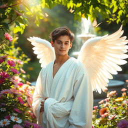 A young man with angelic wings in a serene garden, surrounded by colorful flowers and lush greenery