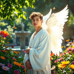 A young man with angelic wings in a serene garden, surrounded by colorful flowers and lush greenery