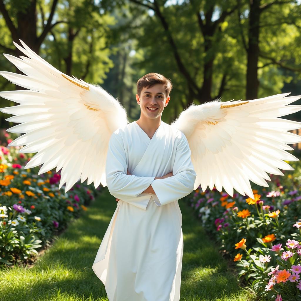 A young man depicted as an angel, standing gracefully in a lush garden