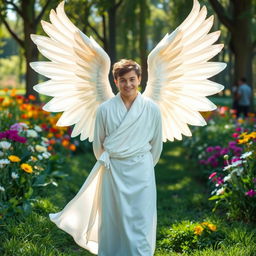 A young man depicted as an angel, standing gracefully in a lush garden