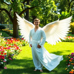 A young man depicted as an angel, standing gracefully in a lush garden
