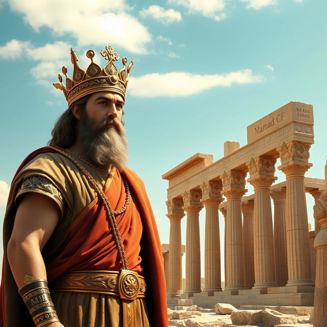 An imaginative depiction of Cyrus the Great standing majestically next to the ancient ruins of Persepolis, also known as Takht-e Jamshid