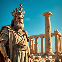 An imaginative depiction of Cyrus the Great standing majestically next to the ancient ruins of Persepolis, also known as Takht-e Jamshid