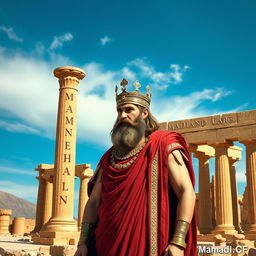An imaginative depiction of Cyrus the Great standing majestically next to the ancient ruins of Persepolis, also known as Takht-e Jamshid