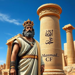 An imaginative depiction of Cyrus the Great standing majestically next to the ancient ruins of Persepolis, also known as Takht-e Jamshid