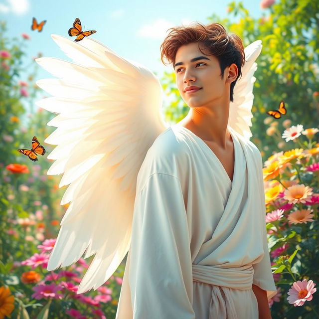 A young man depicted as an angel, standing gracefully in a vibrant garden filled with colorful flowers, lush greenery, and bright sunshine