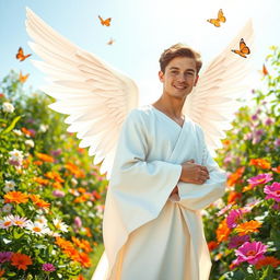 A young man depicted as an angel, standing gracefully in a vibrant garden filled with colorful flowers, lush greenery, and bright sunshine