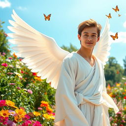 A young man depicted as an angel, standing gracefully in a vibrant garden filled with colorful flowers, lush greenery, and bright sunshine