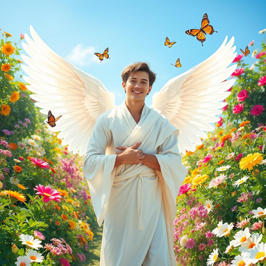A young man depicted as an angel, standing gracefully in a vibrant garden filled with colorful flowers, lush greenery, and bright sunshine