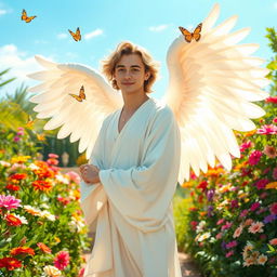 A young man depicted as an angel, standing gracefully in a vibrant garden filled with colorful flowers, lush greenery, and bright sunlight