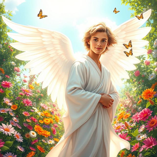 A young man depicted as an angel, standing gracefully in a vibrant garden filled with colorful flowers, lush greenery, and bright sunlight