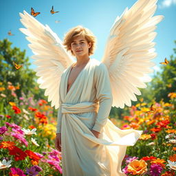 A young man depicted as an angel, standing gracefully in a vibrant garden filled with colorful flowers, lush greenery, and bright sunlight