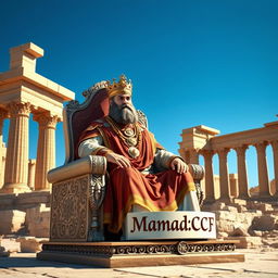 An imaginative rendering of Cyrus the Great majestically seated on an ornate grand throne beside the ancient ruins of Persepolis, also known as Takht-e Jamshid