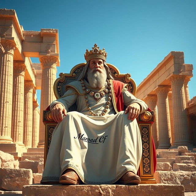 An imaginative rendering of Cyrus the Great majestically seated on an ornate grand throne beside the ancient ruins of Persepolis, also known as Takht-e Jamshid