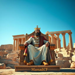 An imaginative rendering of Cyrus the Great majestically seated on an ornate grand throne beside the ancient ruins of Persepolis, also known as Takht-e Jamshid