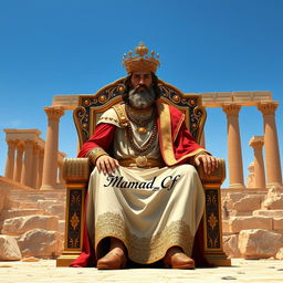 An imaginative rendering of Cyrus the Great majestically seated on an ornate grand throne beside the ancient ruins of Persepolis, also known as Takht-e Jamshid