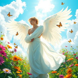A young man depicted as an angel, standing majestically in a lush garden filled with an array of colorful flowers and green foliage