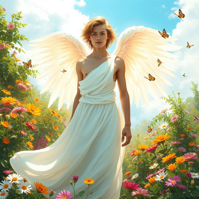 A young man depicted as an angel, standing majestically in a lush garden filled with an array of colorful flowers and green foliage