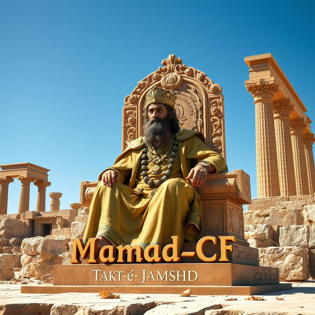 An artistic portrayal of Cyrus the Great sitting elegantly on a large, ornate throne beside the ancient ruins of Persepolis, known as Takht-e Jamshid