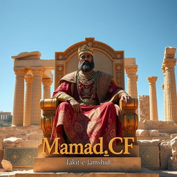 An artistic portrayal of Cyrus the Great sitting elegantly on a large, ornate throne beside the ancient ruins of Persepolis, known as Takht-e Jamshid