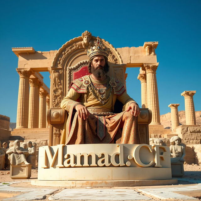 An artistic portrayal of Cyrus the Great sitting elegantly on a large, ornate throne beside the ancient ruins of Persepolis, known as Takht-e Jamshid