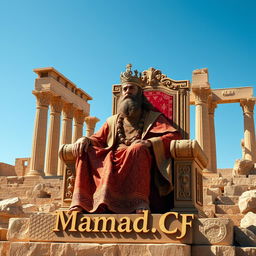 An artistic portrayal of Cyrus the Great sitting elegantly on a large, ornate throne beside the ancient ruins of Persepolis, known as Takht-e Jamshid
