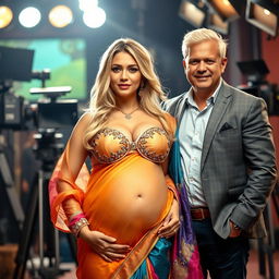 A glamorous blonde woman dressed in a stunning saree with vibrant colors and detailed embellishments