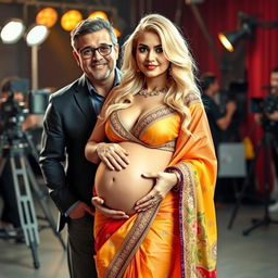 A glamorous blonde woman dressed in a stunning saree with vibrant colors and detailed embellishments