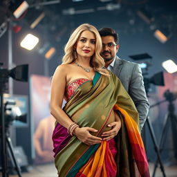 A glamorous blonde woman dressed in a stunning saree with vibrant colors and detailed embellishments
