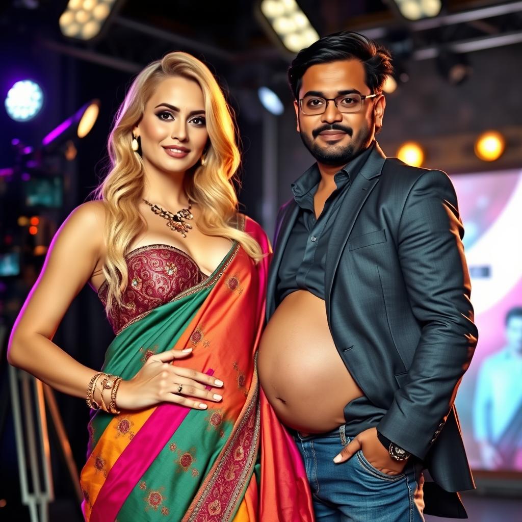 A glamorous blonde woman dressed in a stunning saree with vibrant colors and detailed embellishments