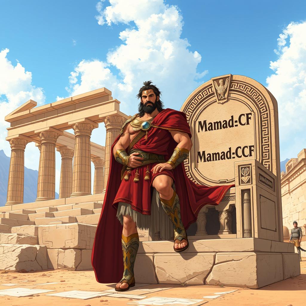 A striking illustration of Ariobarzanes (آریوبرزن) positioned gracefully next to the ancient ruins of Persepolis, also known as Takht-e Jamshid