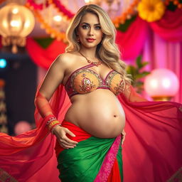 A busty blonde woman elegantly dressed in a vibrant saree that flows gracefully around her