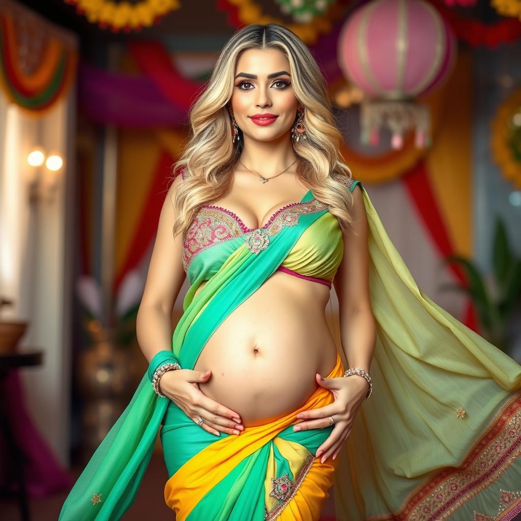 A busty blonde woman elegantly dressed in a vibrant saree that flows gracefully around her