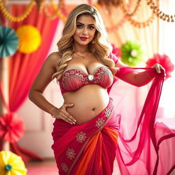 A busty blonde woman elegantly dressed in a vibrant saree that flows gracefully around her