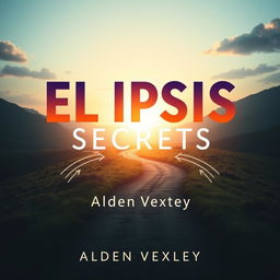 A flat book cover design titled 'Elipsis Secrets' in bold, eye-catching font at the center of the cover, using intriguing color contrasts against a serene landscape background
