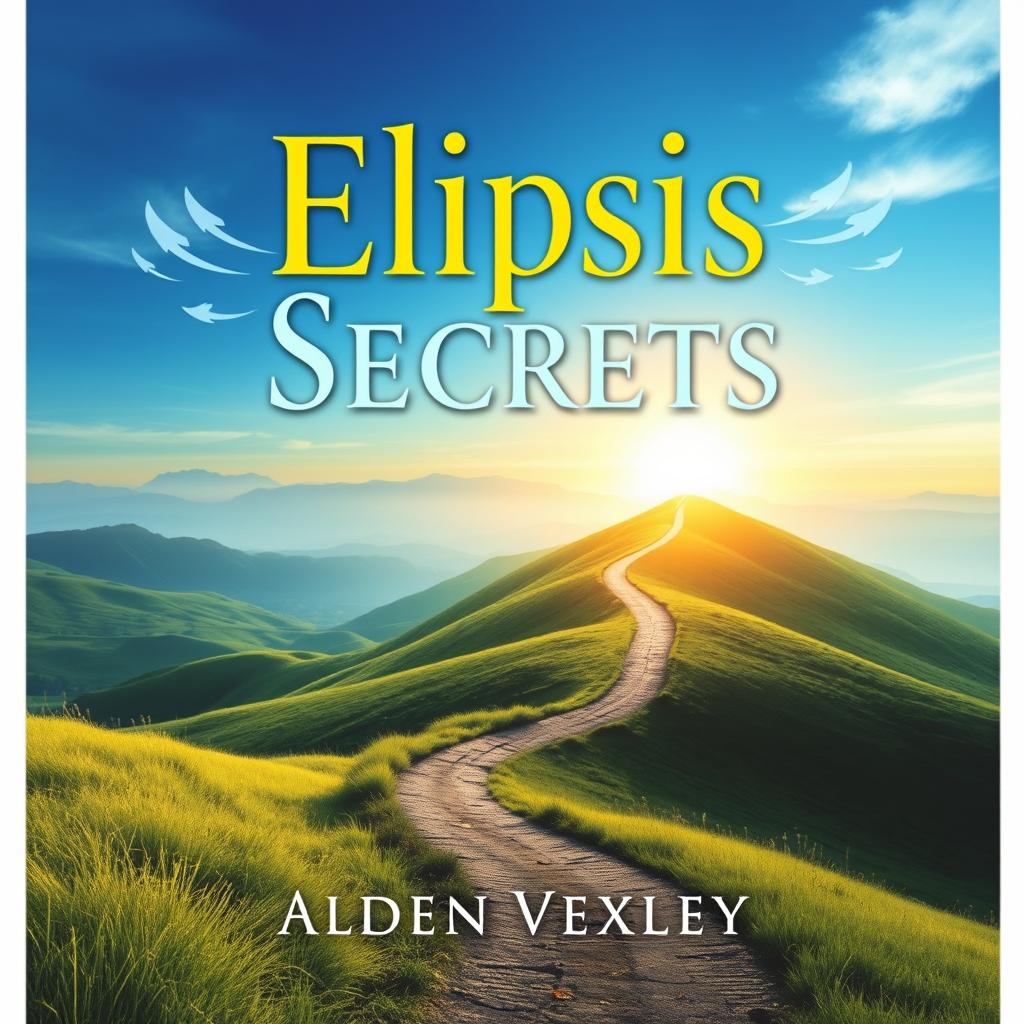 A flat book cover design titled 'Elipsis Secrets' in bold, eye-catching font at the center of the cover, using intriguing color contrasts against a serene landscape background