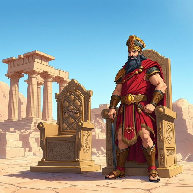 A captivating illustration of Ariobarzanes (آریوبرزن) standing proudly next to the ancient ruins of Persepolis, known as Takht-e Jamshid