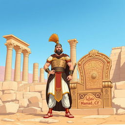 A captivating illustration of Ariobarzanes (آریوبرزن) standing proudly next to the ancient ruins of Persepolis, known as Takht-e Jamshid