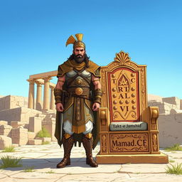 A captivating illustration of Ariobarzanes (آریوبرزن) standing proudly next to the ancient ruins of Persepolis, known as Takht-e Jamshid