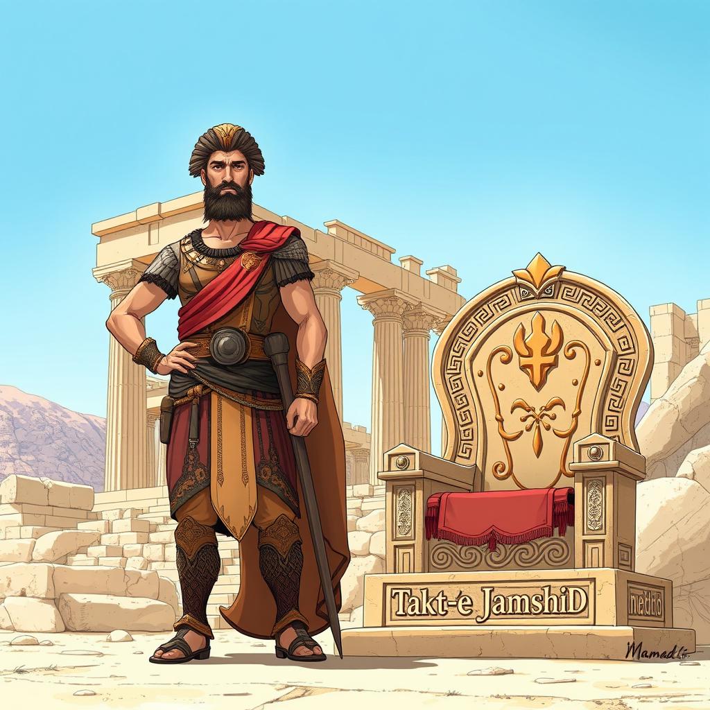 A captivating illustration of Ariobarzanes (آریوبرزن) standing proudly next to the ancient ruins of Persepolis, known as Takht-e Jamshid