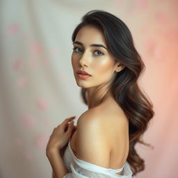 A beautiful, serene woman posing elegantly, showcasing her natural beauty