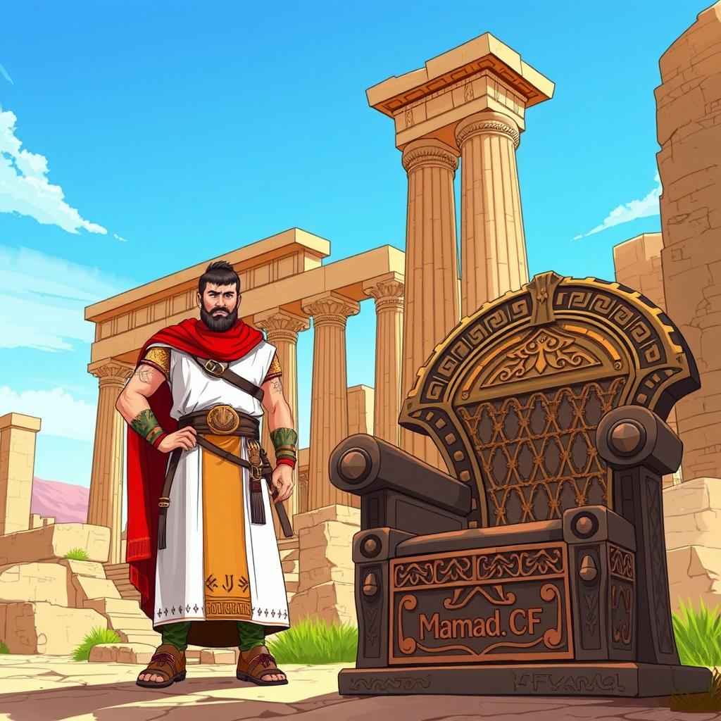 An engaging illustration of Ariobarzanes (آریوبرزن) standing confidently next to the ancient ruins of Persepolis, also referred to as Takht-e Jamshid