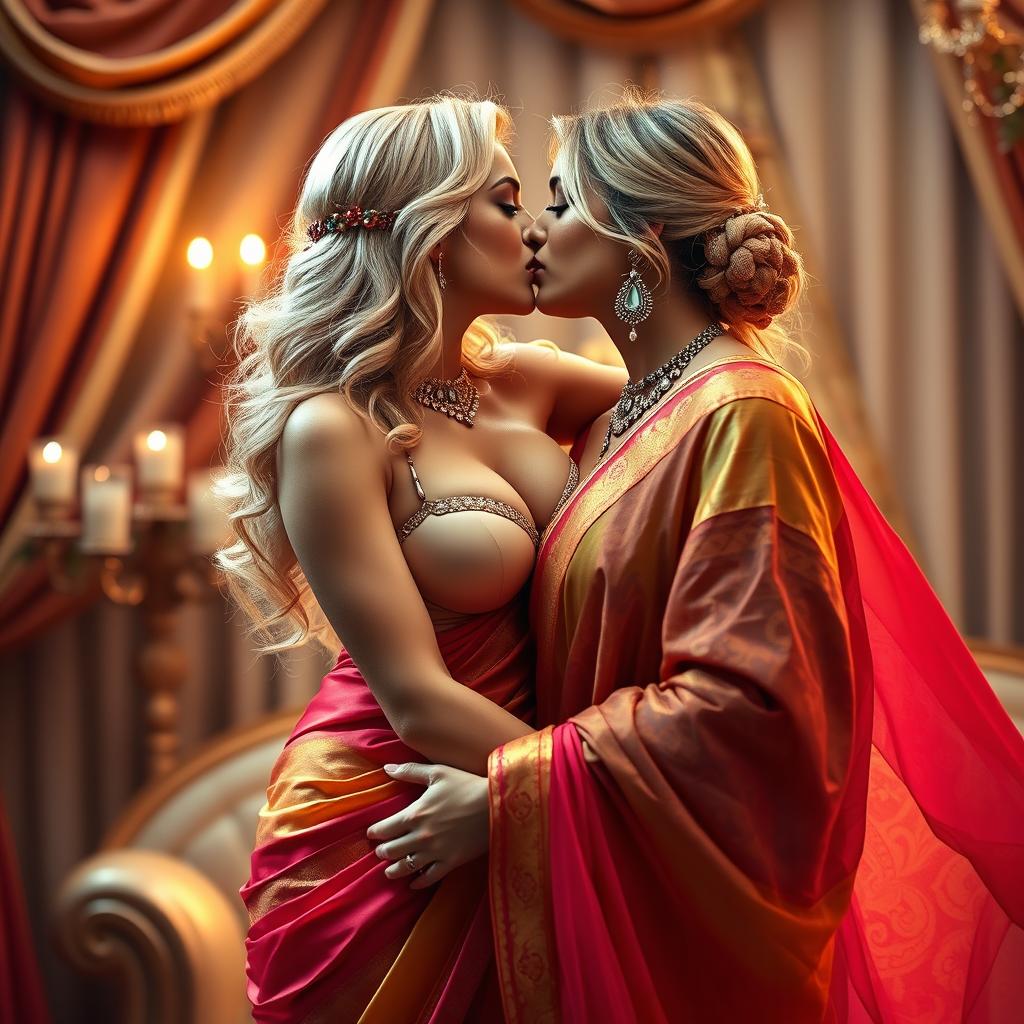 A busty blonde woman elegantly dressed in a colorful saree that flows beautifully around her