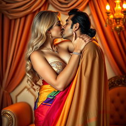 A busty blonde woman elegantly dressed in a colorful saree that flows beautifully around her