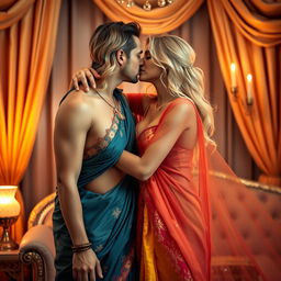 A busty blonde woman elegantly dressed in a colorful saree that flows beautifully around her